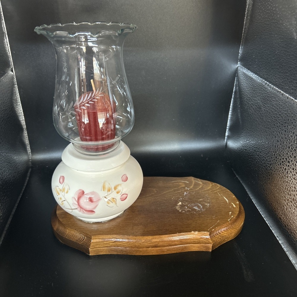 VTG 90s Cottagecore Hand Painted Rose Ceramic Glass Hurricane Candle Holder